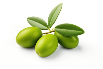 Obraz premium Three green olives with leaves isolated on white
