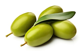 Three green olives with leaves isolated on white