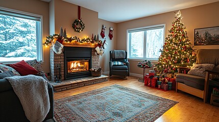 Cozy Christmas Living Room Fireplace Winter Scene