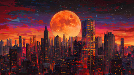 Fototapeta premium lunar eclipse city skyline towers