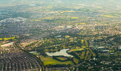 London view from airplane, west part of London 