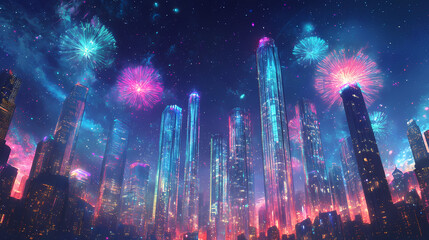 Naklejka premium Colorful fireworks light up night sky over city skyline. Lunar Glass Towers. Illustration