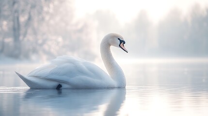 Fototapeta premium A majestic white swan glides on a misty lake.