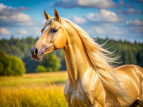 Majestic Golden Palomino Akhal Teke Horse in Summer Sunlight - Side Profile