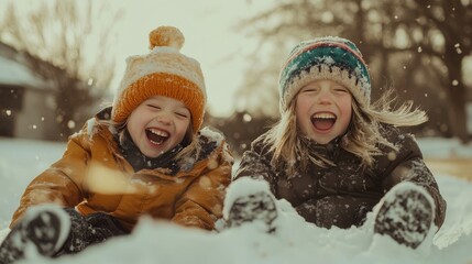 Winter Joy: Kids Playing In Snow, Laughing, And Enjoying Winter Holidays. Happiness And Winter Activities.