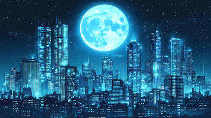 Obraz premium Futuristic metropolis skyline under luminous lunar glow. Lunar Glass Towers. Illustration