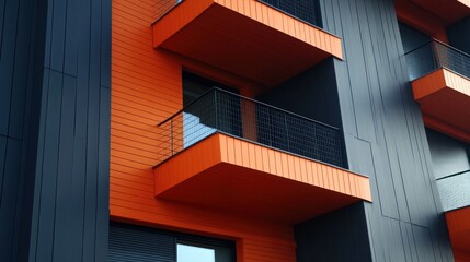 Obraz premium Modern orange and black apartment building with balconies, architecture stock