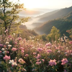 Fototapeta premium Panoramic view of colorful sunrise in mountains. Filtered image:cross processed vintage effect.
