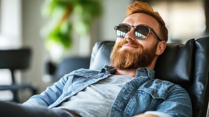Fototapeta premium Bearded man in sunglasses reclining on couch indoors