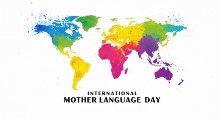 Naklejka premium International Mother Language Day colorful splashes of paint and world map in shades of blue, green, yellow, pink, purple and orange on a white background 21 February
