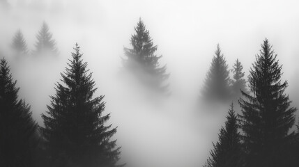 Misty Black and White Forest with Tall Pine Trees – Cinematic Moody Monochrome Wallpaper for Modern Interiors