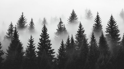 Misty Black and White Forest with Tall Pine Trees – Cinematic Moody Monochrome Wallpaper for Modern Interiors