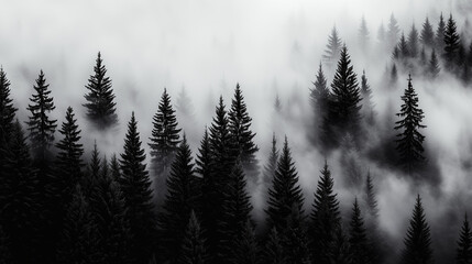 Misty Black and White Forest with Tall Pine Trees – Cinematic Moody Monochrome Wallpaper for Modern Interiors
