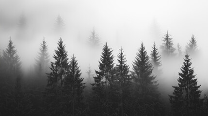 Misty Black and White Forest with Tall Pine Trees – Cinematic Moody Monochrome Wallpaper for Modern Interiors