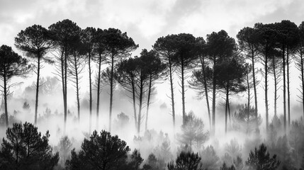 Misty Black and White Forest with Tall Pine Trees – Cinematic Moody Monochrome Wallpaper for Modern Interiors
