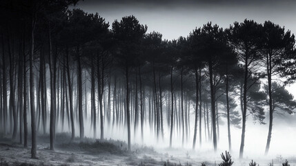 Misty Black and White Forest with Tall Pine Trees – Cinematic Moody Monochrome Wallpaper for Modern Interiors