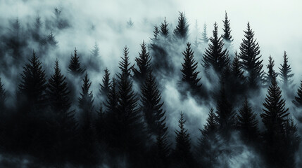 Misty Black and White Forest with Tall Pine Trees – Cinematic Moody Monochrome Wallpaper for Modern Interiors