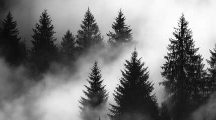 Misty Black and White Forest with Tall Pine Trees – Cinematic Moody Monochrome Wallpaper for Modern Interiors