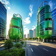 Miasto przyszłości z futurystycznymi budynkami w kształcie kanistrów na paliwo/The city of the future with futuristic buildings of the fuel containers shape
