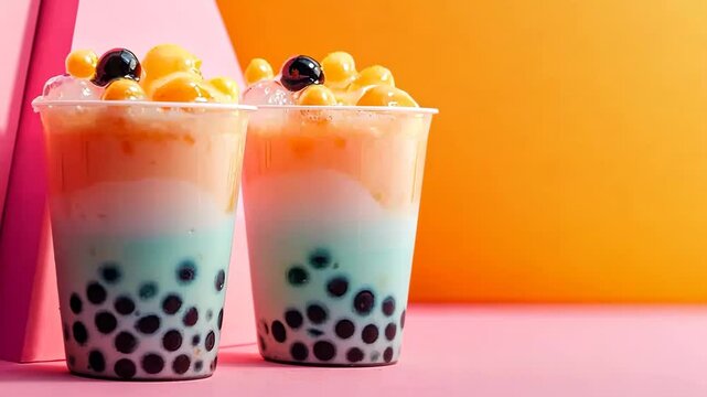 Colorful Bubble Tea Duo Against Vibrant Background with Subtle Camera Shift