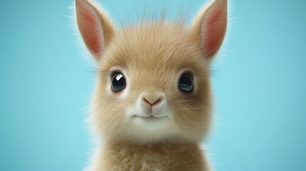 Obraz premium Close-up of a fluffy baby rabbit against a light blue background