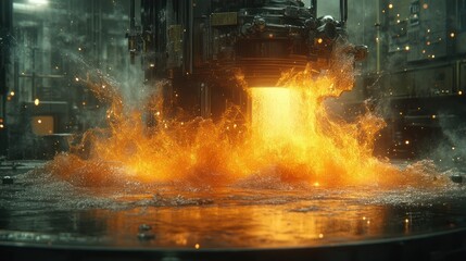 Molten metal being quenched in water in an industrial factory setting for cooling