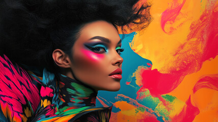 Face of a beautiful girl with bright surreal makeup. Close-up of the face of an attractive woman in theatrical makeup. AI artwork. 