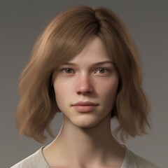 Naklejka premium A highly detailed, hyper-realistic close-up portrait of an AI-generated human face. This digital artwork features lifelike skin textures, expressive eyes, and natural lighting.