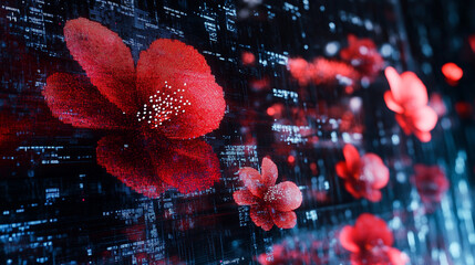 Vibrant digital flowers blossom against a dark abstract background in a creative design