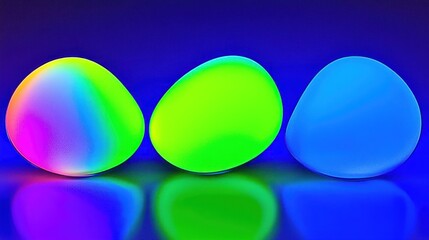 Colorful glowing stones on reflective surface, neon background, decorative objects