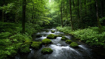 Obraz premium Lush Green Forest River Landscape