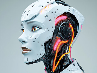 Abstract  portrait of an advanced and futuristic female robot face concept with new metallic parts and neon wiring with solid neutral colored background
