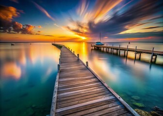 Obraz premium Majestic Long Exposure of a Pier Extending into the Calm Sea at Sunset