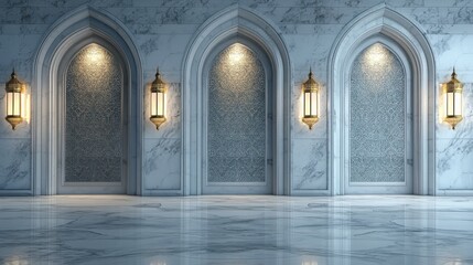 Elegant Indoor Space with Arched Doorways and Decorative Lanterns