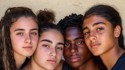Fototapeta premium Diverse teens huddle, close-up portraits, outdoor wall background, friendship