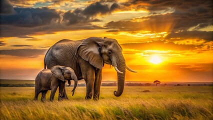Fototapeta premium Majestic Mamma Elephant Protecting Calf in Serengeti Sunset - Wildlife Photography