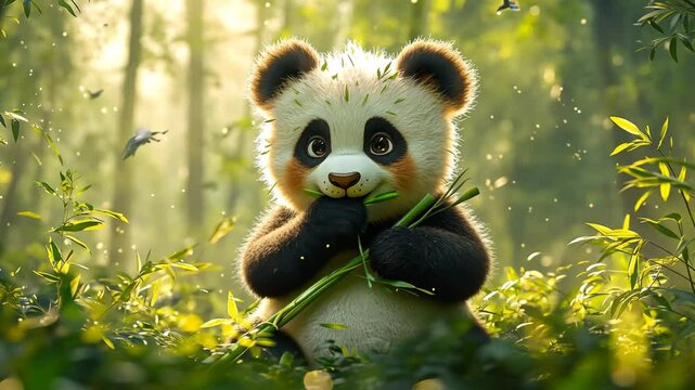 Adorable panda enjoying bamboo in a sunlit forest.
