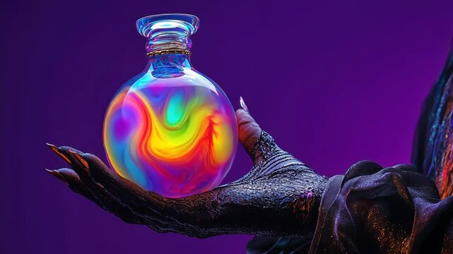 Enchanted potion swirls in mystic hand against a vivid purple background