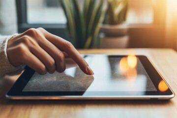A person's hand interacts with a tablet, swiping the screen with gentle movements. Soft natural light highlights the scene, creating a warm and inviting atmosphere perfect for tech engagement
