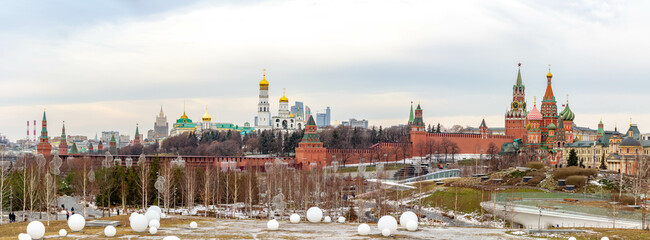 Panorama of Moscow Kremlin and St Basil's Cathedral from Zaryadye Park on a winter day , Moscow, Russia. 