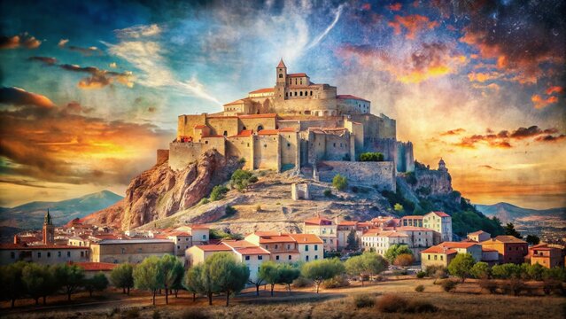 Majestic Morella Castle: Double Exposure of Historic Spanish Hilltop City in Castellon