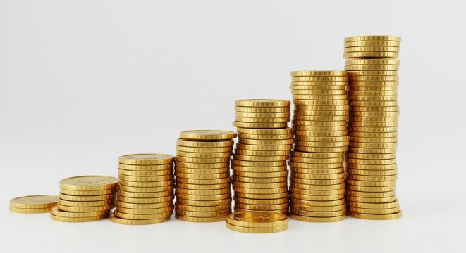A stack of one dollar coins golden coins arranged in a straight line on white background the coins are of varying sizes and shapes they are all shiny close up of a row of stacked coins