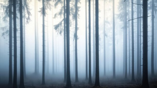 A dense, misty forest with tall trees creates an eerie, tranquil atmosphere, shrouded in fog and mystery.