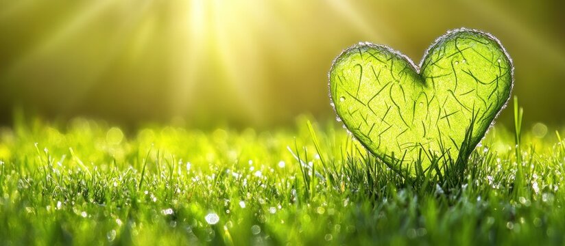 Green heart in dewy grass, sunlit meadow, nature love concept