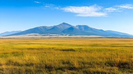 Golden Field and Mountain Landscape Under a Blue Sky