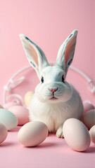 White fluffy rabbit sits on pink isolated background among colorful eggs