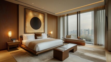 Serene bedroom featuring a large artistic painting and cityscape view
