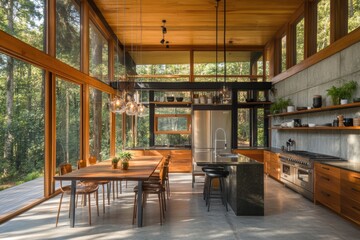 Modern kitchen with forest views