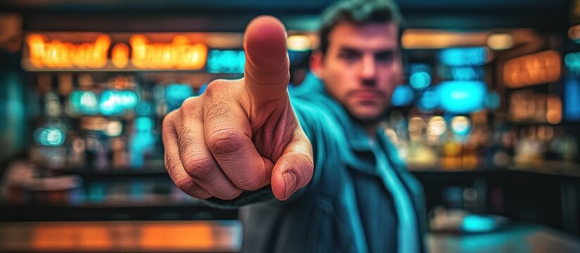Man pointing finger, bar background, night, accusation