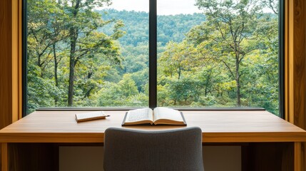 Fototapeta premium A serene workspace with a wooden desk, an open book, and a beautiful view of lush greenery through a large window.